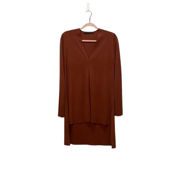 ZARA WOMAN Womens M Rust Raw Edge V-neck Hi Low Minimalist Tunic Top Artsy Soft - Picture 1 of 6